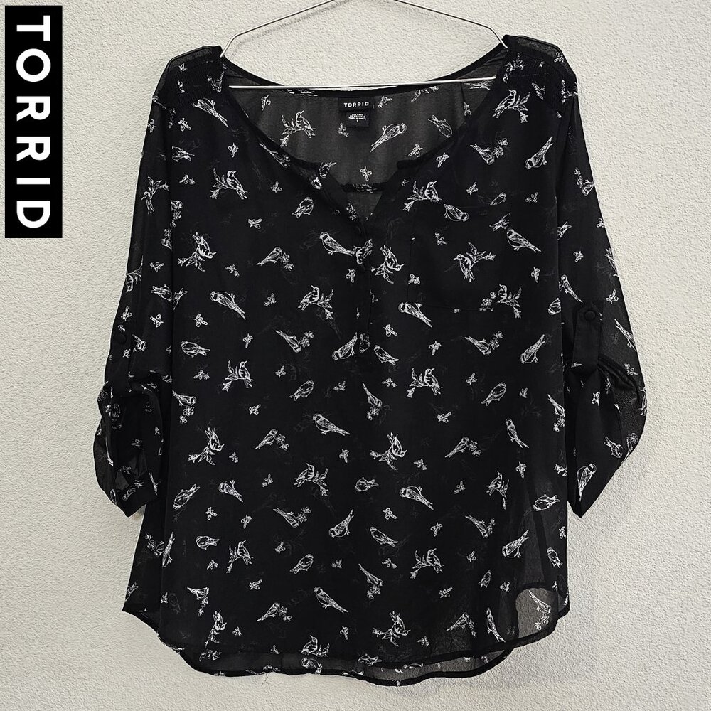 TORRID 1 Black Bird Motif Cute Sheer Button Top Blouse Plus Size 14/16 1X